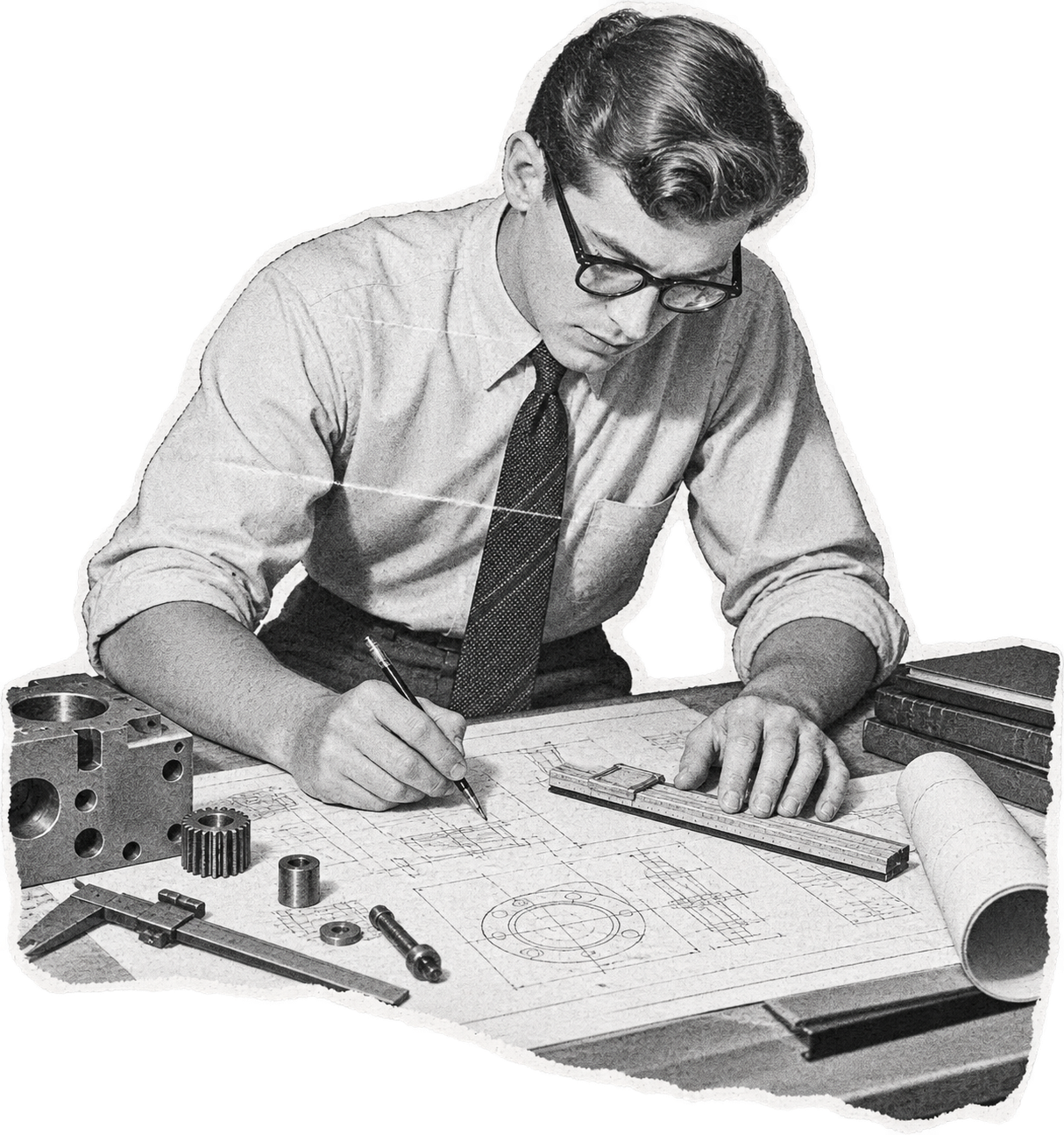 Archival-style cutout of an engineer working over mechanical drawings