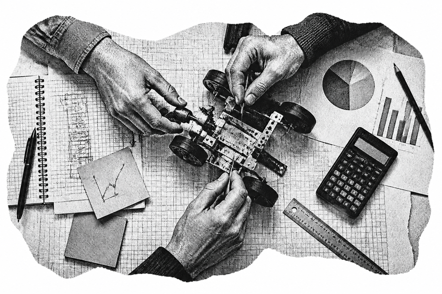 Archival-style overhead cutout of hands assembling a prototype