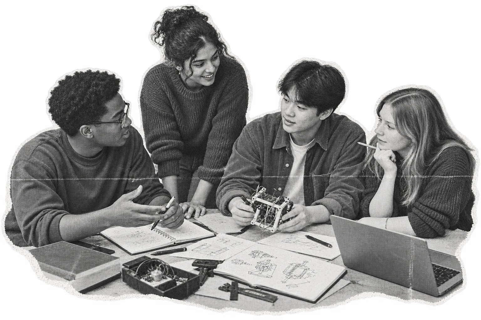 Archival-style cutout of four engineering students collaborating around sketches and a prototype